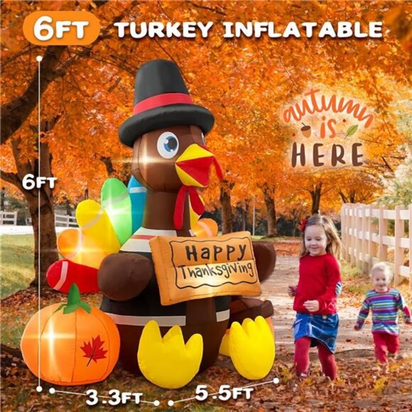 6FT Thanksgiving Inflatables Turkey Blow Up with Built-in Led Lights for Outdoor - Picture 2 of 7